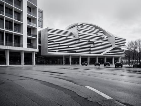 RAW photo, (avant garde building from outside), frontal elevation, curvilinear, white sky, (diffused light:1) <lora:MIR-v3:0.6> (translucent white glass), white concrete, contemporary brutalism style, by Gaudi, fog, (warm interior light:1), (open plaza), architecture photography, hyper realistic, super detailed, 8k, Nikon Z6 Mirrorless Camera, film grain