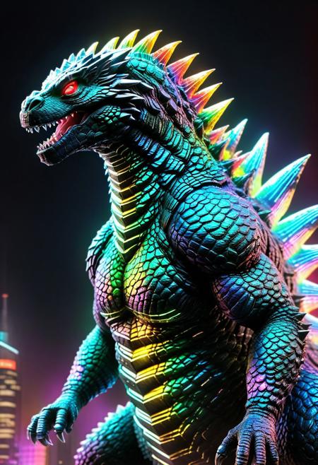 best quality, h4v_h0l0, (godzilla:1.5), 
RGB colors, iridescent, neon, scifi, glowing, black background, depth of field, cinematic, colorful, realistic, masterpiece, intricate details,