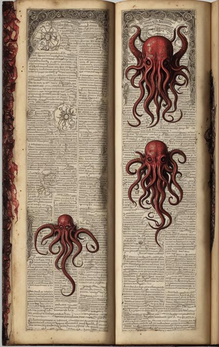 bloody page of necronomicon with illustrations of Cthulhu, on  parchment with scratches and holes, (one page:1.2), intricate details, high resolution
<lora:MJ52:0.8>