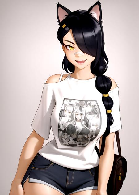 1girl, solo, long hair, looking at viewer, black hair, bandaid on face, yellow eyes, animal ears, smile, bandaid on nose, braid, cat ears, bandaid, bangs, breasts, fake animal ears, simple background, open mouth, fang, , bare shoulders, scar, teeth, shirt, bare shoulders, white shirt, short sleeves, closed mouth, t-shirt, hair over one eye, portrait, bag, hair over shoulder, shorts,nipples,see through,<lora:kairunoborugu_v1:0.9> <lora:Kairunoburogu:0.2>  <lora:Erisafortnite-09:0.5>