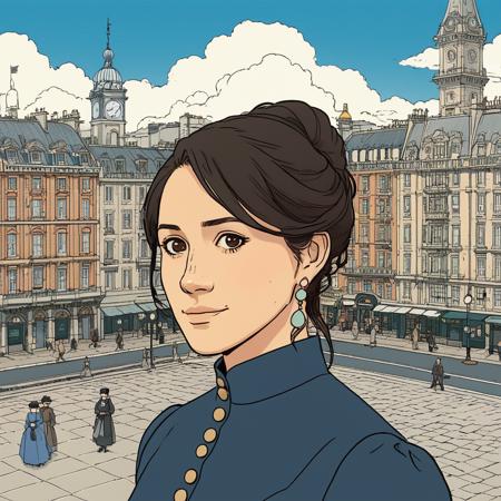 Studio ghibli style illustration of the face of a woman looking at the viewer with a victorian city square in the background, megxmrkl,  <lora:megmarkle_juggerX_xl_1_wocap_merger_56_131_06_04-megxmrkl:1>