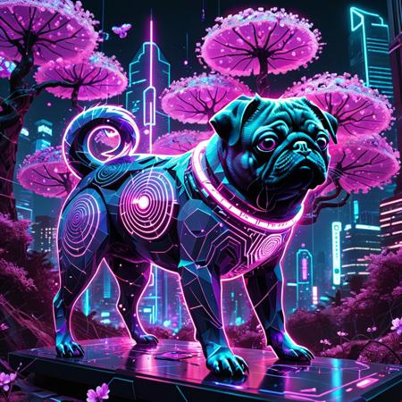 geometric pug with holographic fractal fur, tail generating glowing data stream spirals, neon circuit board patterns under translucent skin, digital cherry blossoms disintegrating into pixels, hologram shrine floating above cyberpunk cityscape, chromatic aberration effects on energy trails, UV-reactive neon claws, glitch art distortions in tail vortices, synthwave palette of magenta and electric violet, low-poly forest elements contrasting hyper-detailed creature, fisheye lens warping, Tron-inspired bioluminescent warfare