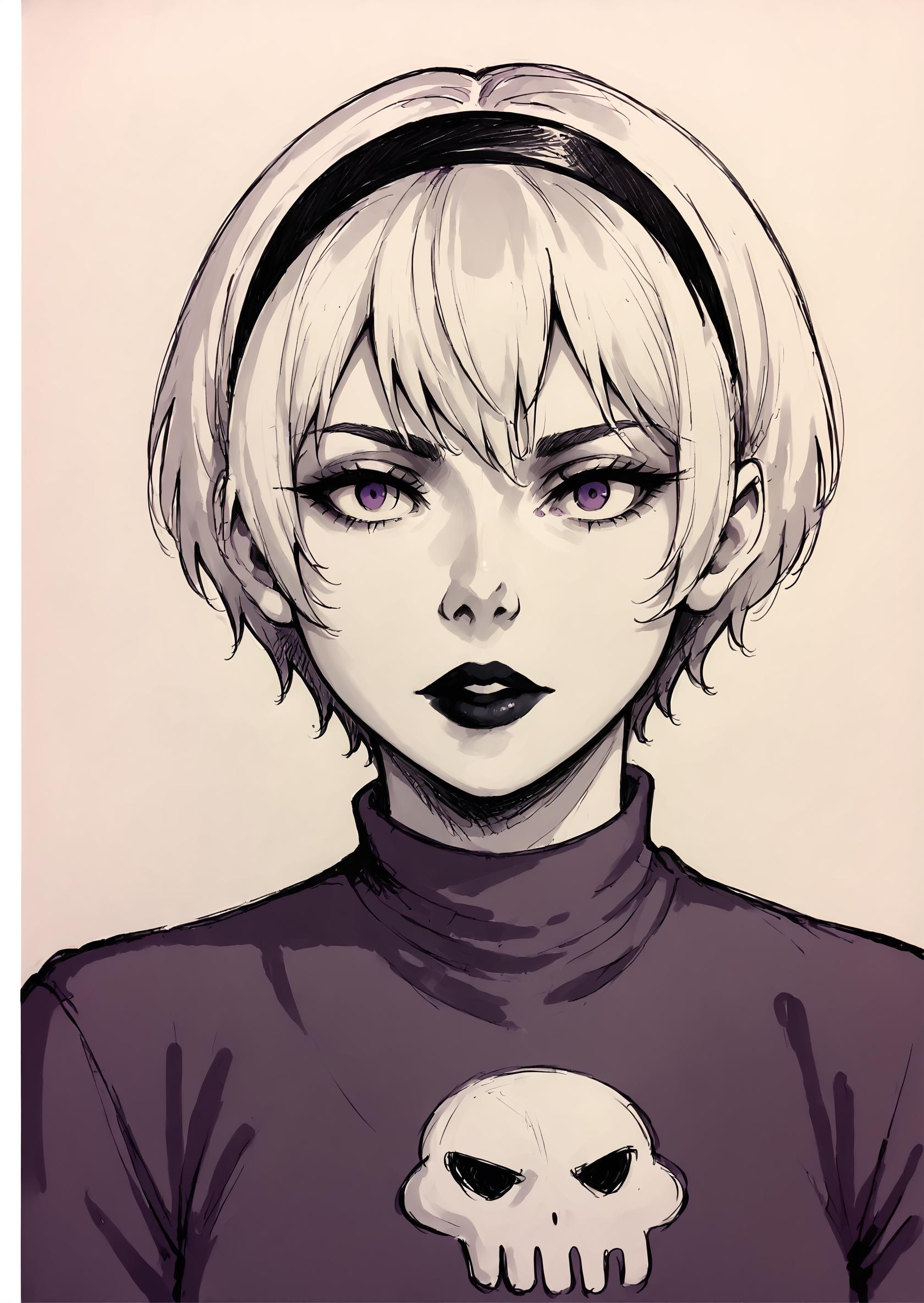 core_9, score_8_up, score_7_up, score_6_up, score_5_up, score_4_up,  1girl, white hair, black hairband, black lips, purple eyes, shirt print, <lora:Rose_Lalonde_-_outfits:0.8>, rosestart, shirt print, 1girl, solo, looking at viewer, short hair, monochrome, upper body, hairband, artist name, sketch, lips, makeup, traditional media, lipstick, portrait, skull, face focus, detailed face, BREAK source_anime