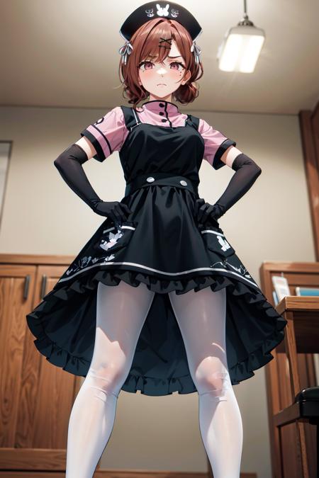 masterpiece,best quality,highres,ultra-detailed,ffmadoka,nurse cap,black headwear,(mole under eye:0.8),short hair,hair bun,bangs,ribbon,hairclip,x hair ornament,nurse,black dress,pink shirt,short sleeves,(elbow gloves:1.1),(black gloves:1.2),pocket,frills,pink skirt,(pantyhose:1.2),(white pantyhose:1.2),shoes,black footwear,<lora:higuchi_madoka:0.9>,hands_on_hips,(furrowed_brow:1.2),indoors,front view,from_below,