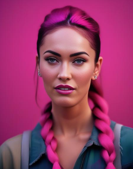 MeganFox, (art by Wim Wenders:0.9) , portrait,close up of a Croatian (Woman:1.1) , wearing Quartz Fuchsia Urban clothing, Rainbow hair styled as French braid, plain Magenta background, Hazy conditions, deep focus, Smiling, Harlem Renaissance, Direct light, Bright design,  <lora:MeganFoxSDXL:1>