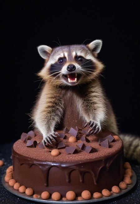 A raccoon inside a  Chocolate cake house, sharp chocolate teeth, in space. surrounded by chocolate chips, googly eyes, in space. Close up, blurry background.
glowing dust in paws, fluorescent dust in paws
zavy-flrscnc, fluorescent, fluorescent dust, fluorescent spraypaint, glowing dust