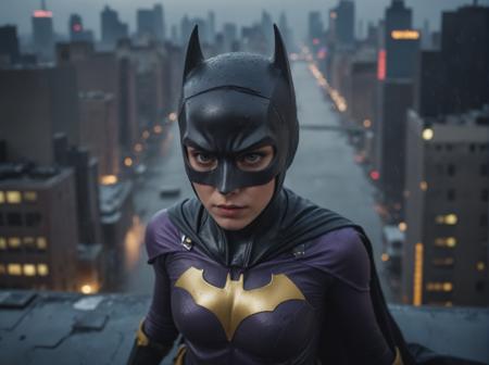 (((aerial view)))  ((from above))cinematic, heavy rain, rainstom, colour graded, analog photograph using a Nikon F6 with strong film grain and bokeh effect, 25-year-old fighting pose, on a thunderstorm night rooftop ledge, dramatic lighting, gritty, futuristic New York City, noir feel, purple and gold Batgirl superhero suit with a mask, detailed face and eyes with visible pores and scars, 2077 cyperpunk