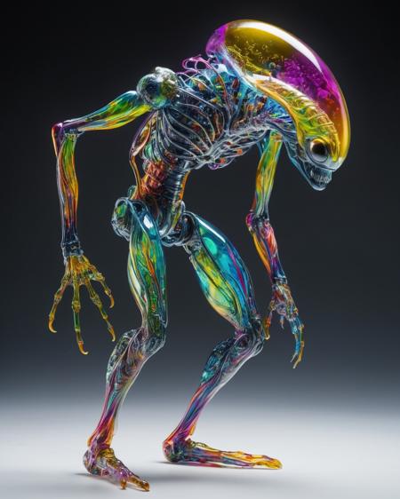 focus on alien non-anthropomorphic bioengineered creature, transparency:1.4, (detailed cybernetic implants fused with organic matter:0.5), full body, (with intensely vibrant swirling colors:1.9), realistic photo, <lora:add-detail-xl:1.0> ,  <lora:artialien:1> artialien