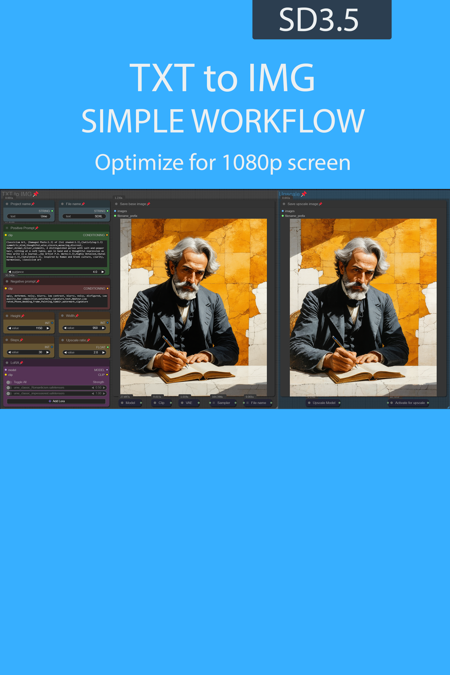 TXT to IMG simple workflow SD3.5 | UPSCALE | LORA |  GGUF | CIVITAI Metadata v1.0 - Large