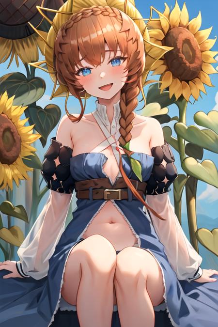 best quality, masterpiece, highres, solo, {van_gogh_fgo:1.15}, braid, long_hair, blue_eyes, bangs, side_braid, hat, orange_hair, crown_braid, smile, brown_hair, flower, sunflower, open_mouth, 1girl, blue_skin, colored_skin, looking_at_viewer, bare_shoulders