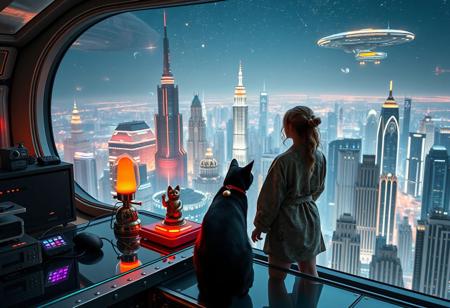 A sleek black cat with red collar and a gold bell sits on a cluttered metal riveted desk with transparent top and rgb led computer components visible inside, On the desk are a maneki neko statue and a lava lamp, the Black Cat is looking out of a seamless and futuristic floor to ceiling window that looks out at thousands of enormous wide and tall futuristic skyscrapers from a large window in a descending spaceship, a beautiful woman, 24 years old, is standing next to the cat looking out at the enormous city at night, filled with buildings of many shapes and sizes, some over a mile tall))), the woman is dressed in an ornate Japanese style bath robe. An enormous deco starship with futuristic lighting and design is visible high above the city, and a space station is visible in the background among the stars, The woman's hair is messy from just waking up and tied up with a ribbon. Artistic cyberpunk, dynamic perspective, The focus is on the black cat and woman standing together looking out the window at the view together, (((overall architectural aesthetic is Art Deco Cyberpunk))).  (((A large futuristic building shaped like a torii gate stands among the enormous tokyo structures,)))