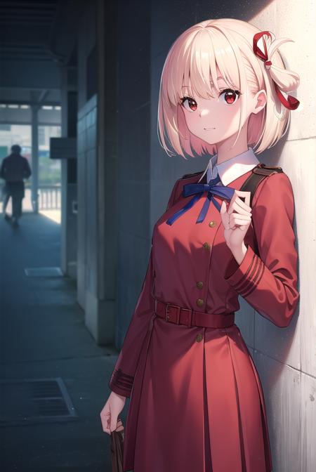 chisatonishikigi, <lyco:chisatonishikigi-lyco-nochekaiser:1>, 
nishikigi chisato, short hair, bangs, blonde hair, (red eyes:1.5), hair ribbon, one side up, bob cut, <lora:talkmouth_I_v100:1>,
BREAK shirt, long sleeves, dress, ribbon, white shirt, collared shirt, belt, neck ribbon, red dress, blue ribbon, pleated dress, grey dress, two-tone dress, red belt, lycoris uniform,
BREAK outdoors, city,
BREAK looking at viewer, (cowboy shot:1.5),
BREAK <lyco:GoodHands-beta2:1>, (masterpiece:1.2), best quality, high resolution, unity 8k wallpaper, (illustration:0.8), (beautiful detailed eyes:1.6), extremely detailed face, perfect lighting, extremely detailed CG, (perfect hands, perfect anatomy),