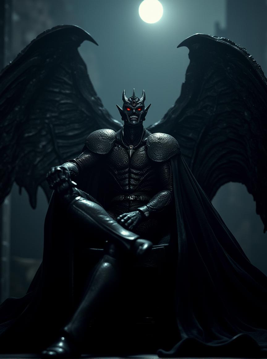 the guyver of biological armor,the Vampire king Dracula sits on the throne of the Dark castle,smile and expose his sharp canine teeth,his huge bat wings opening behind,the moonlight illuminate his face from side