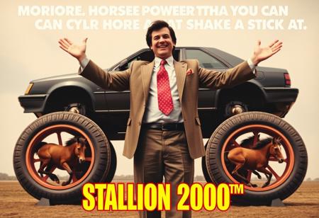 A photo from a silly advert showing a comically huge car with hamster wheels attached to it instead of regular car tires, inside each of the car's hamster wheel there is a horse running, the car is towering over the cars salesman who is waving both arms wide open to attract attention, he is wearing a bland brown suit, red papillon tie, and has black hair, at the top of the ad the words "MORE HORSE POWER THAN YOY CAN SHAKE A STICK AT"  written in a bold White small font, underneath are the words "STALLION 2000™" in very large yellow fancy font with a thick red outline