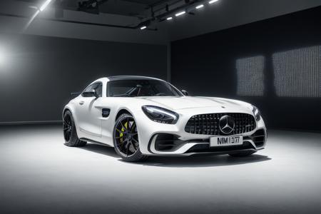 a professional shot of sports car(mercedes_amg_gt_v1-3600:1.0),(in a white studio:1.1), modelshoot style,masterpiece, (extremely detailed CG unity 8k wallpaper),unreal engine, 75mm lens,  High Detail, Sharp focus, dramatic, rule of thirds,(neon lights:1.2)