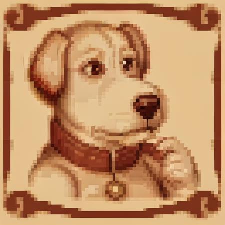 <lora:SNES Lord of the Rings Portraits - V1-000010:.5> snes_lotr_portrait, sepia tone, parchment_border, pixels, portrait,   <lora:Brian_Griffin1-1:0.5> brian griffin, solo, no humans, simple background, dog, standing, bell, animal focus, red collar, indoors, looking at viewer, drinking glass, neck bell