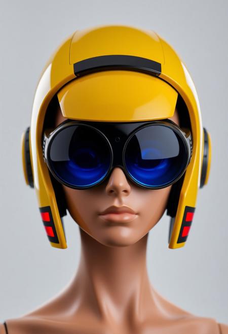 The figure's head is encased in a streamlined helmet, predominantly yellow with black accents. The helmet appears highly polished, with a smooth, almost glossy finish. Integrated into the helmet are large, circular, reflective lenses that cover the eyes entirely. The lenses glow with blue hue, giving off a cool, futuristic aura. These oversized goggles suggest an augmented reality or heads-up display function, typical of high-tech environments. Around the figure’s ears are sleek, futuristic headphones, which are seamlessly built into the helmet design. These headphones are primarily black with red, horizontal stripes along the side, indicating an interface for communication or audio enhancements. The skin tone appears smooth and artificial, hinting at synthetic or modified human characteristics