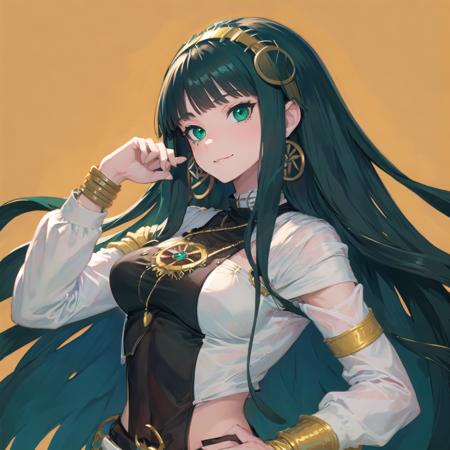 masterpiece, best quality, anime illustration, highly detailed, 2d, nice hands, (cleopatra_\(fate)\:1.3), fgocleo, (cleomain:1.2), long sleeves, short shorts, brown pantyhose, egpytian style bar, 1girl, long hair, blunt bangs, bangs, green eyes, very long hair, green hair, hairband, jewelry, earrings, hoop earrings, breasts, medium breasts, smug, hands on own hips, <lora:envybetterhandsLocon_beta2:0.6>