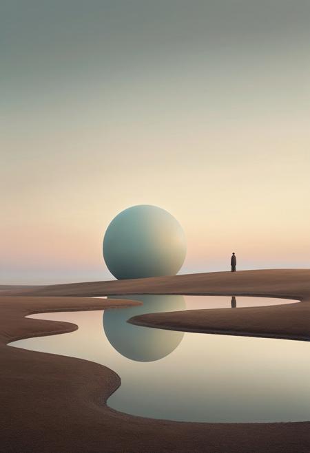 surreal minimalism, quiet dreamscape, solitary figures, oversized objects, muted earthy palette, meticulous detail, emotional reflection, magical realism, vast landscapes, gentle surrealism, metaphorical imagery, twilight atmosphere, introspective storytelling, timeless calm