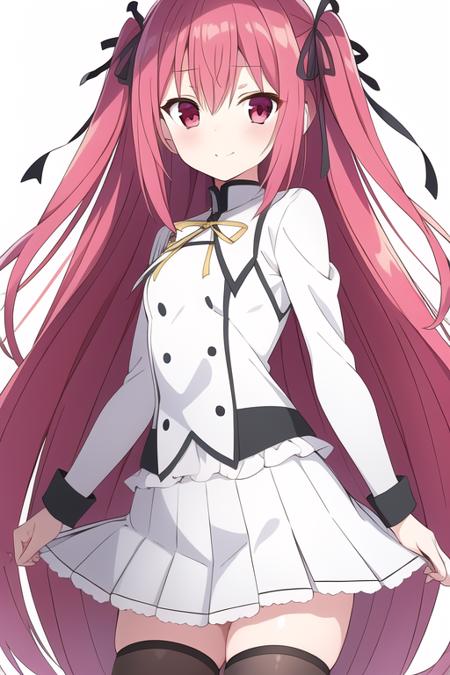 masterpiece, best quality,1girl,solo,claire rouge,pink hair,long hair,two side up,red eyes, hair ribbon,school uniform,white shirt,white vest,buttons,frills,yellow neck ribbon,sleeve cuffs,white miniskirt,pleated skirt,black thighhighs,<lora:ClaireRouge:0.8>,simple background, ,white background, 