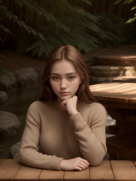 masterpiece, best quality, realistic, (extreme closeup, face focus, headshot:1.2), woman, Emmy, solo, plain knit sweater, looking at viewer, sitting at a table, pretty face, detailed eyes, serene park, spring flowers, <lora:MIO2:1>