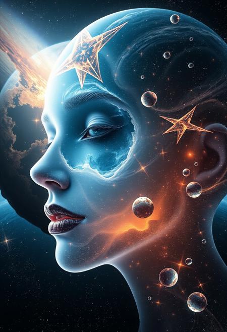 a cosmic body, face of a women, close up, face made of star and void, transparent body, perfecrly blending with surrounding, in a outer space, in background massive blackhole colliding with each other, beautifull view, breathtaking scenery, huge collosal body,