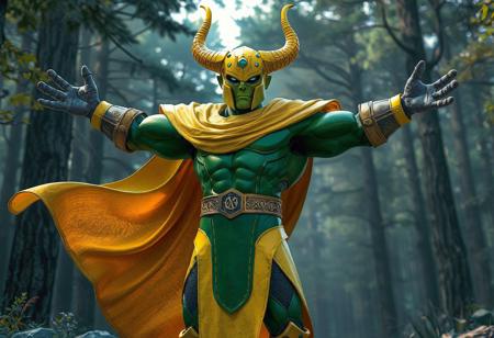 "A hyper-detailed concept art scene featuring the Marvel character Ikonn, the Golem Rock Hammer, standing proudly in a dynamic pose with arms outstretched. Dressed in a vibrant green and yellow suit adorned with a flowing yellow cape, Ikonn's head is crowned with a yellow helmet featuring prominent horns, symbolizing strength and power. Set against a Closed Forest background, the scene highlights the vivid colors and intricate details of Ikonn. Rendered in hyper-realistic 3D with Octane Render, the composition showcases sharp lines, stunning colors, and impeccable balance. Inspired by contemporary aesthetics and Grammer Effect Style, the image conveys vivid emotions and a powerful message. Trending on ArtStation, 4K, ultra-detailed, and impeccably composed."