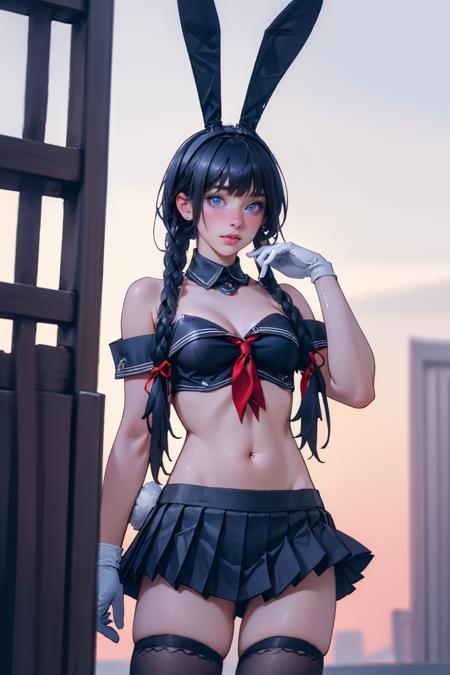 1girl,solo,cowboy shot,outdoors,<lora:GoodHands-æbeta2:1>,medium breasts,<lora:School Uniform Bunny Girl_v1:0.7>, ruanyi0002,rabbit ears,navel,pleated skirt,, (8k, RAW photo, best quality, masterpiece:1.3),(realistic, photo-realistic:1.37),realistic skin texture,(photorealistic:1.3),(hyperrealistic:1.2), 1 cute girl,solo,( beautiful eyes:1.2),perfect face