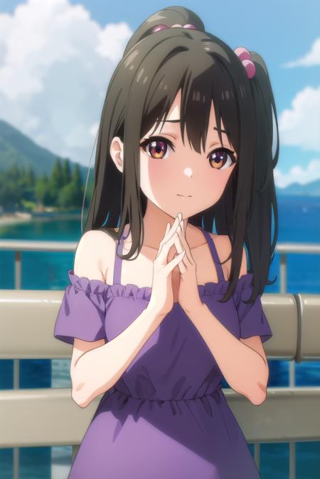 tenka adachi, black hair, (brown eyes:1.3), side ponytail, long hair, hair bobbles, shorts, off shoulder, dress, purple dress,