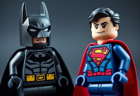 Photorealistic image of Lego figurines of batman and superman, captured in high detail, with vibrant colors and sharp focus, highlighting the characters' iconic features in a lifelike and playful way