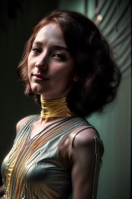 A humanoid AI represented in Art Nouveau style, with intricate, flowing lines and decorative patterns. She has a serene expression, her hair a cascade of metallic threads intertwined with floral motifs. Her body is partly robotic, with gold and pearl accents, seamlessly blending with organic forms. The background is a stained-glass-style design, featuring celestial and floral imagery. Art style: detailed, ornamental, and vintage-inspired."