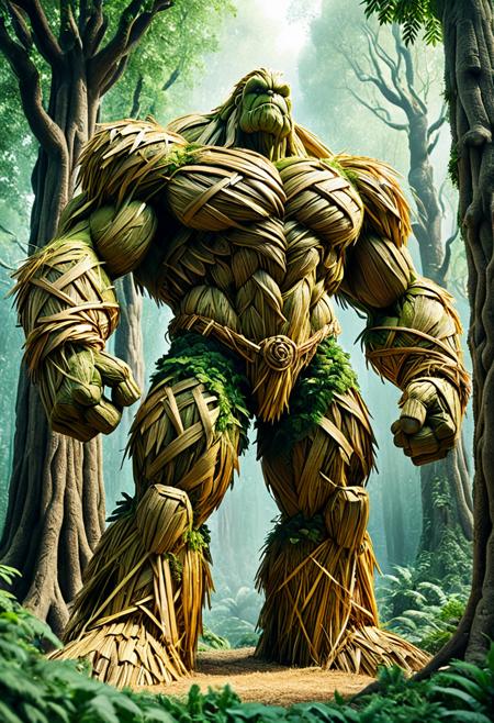 score_9,score_8_up,score_7_up, The image depicts a towering, muscular golem, seemingly composed of straw, entirely made of straw, standing majestically amidst a lush, verdant forest. Its form is robust and imposing, with broad shoulders and powerful limbs, intricately detailed with organic-like straw textures. the view emphasizing the grandeur of the forest guardian. The surrounding environment is in natural light, filtering through the dense canopy, creating a mystical and fantastical atmosphere.  <lora:1:1>