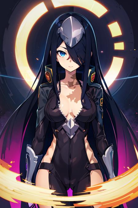 absurdres, highres, (official art, beautiful and aesthetic:1.2), front view, 1girl, solo, <lora:pawoonekoyanagi7:1>, pawoonekoyanagi, hair over one eye, very long hair, black hair, blue eyes, (shining eyes:1.2), (fractal art, (kaleidoscope:0.9), colorfield painting), (shine effects, seraph effects, lighting effects:1.25), mature, upper body, medium breasts, looking at camera,