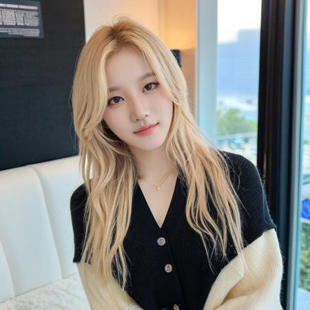 instagram photo, portrait photo of 23 y.o yuqi in black sweater, (cleavage:1.2), pale skin, (smile:0.4), cozy, natural skin, soft lighting, (cinematic, film grain:1.1),long blond hair, hair volume, <lora:yuqi_v10:0.6>, <lora:add-detail-xl:4>