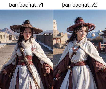 1girl dress like movie The Flying Swords of Dragon Gate, breasts_outline,  desert, snow, Ancient Chinese fortresses background, city walls,red_cape, furry_coat, furry_cloak, linen_clothes, bamboo_hat, masterpiece, best quality, 8k, photorealistic, <lora:bamboohat_v1:0.44>