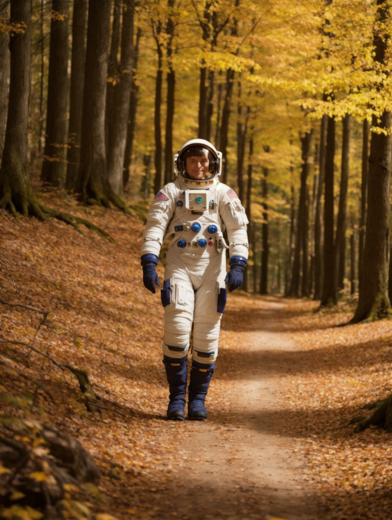 a photograph of An astronaut exploring a forest in autumn, rich colors, highly detailed, smooth, sharp focus