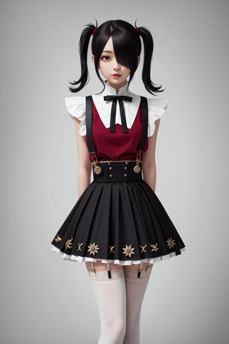 <lora:è¶å¤©é»:0.8:lbw=char>,chaotian2,twintails,black hair,hair ornament,hair over one eye,x hair ornament,ribbon,suspenders,shirt,black ribbon,skirt,bangs,suspender skirt,neck ribbon,hairclip,black skirt,black eyes,red shirt,black nails,(arms behind back:1.2),white thighhighs,, 1girl,
,  (masterpiece,best quality:1.2),absurdres