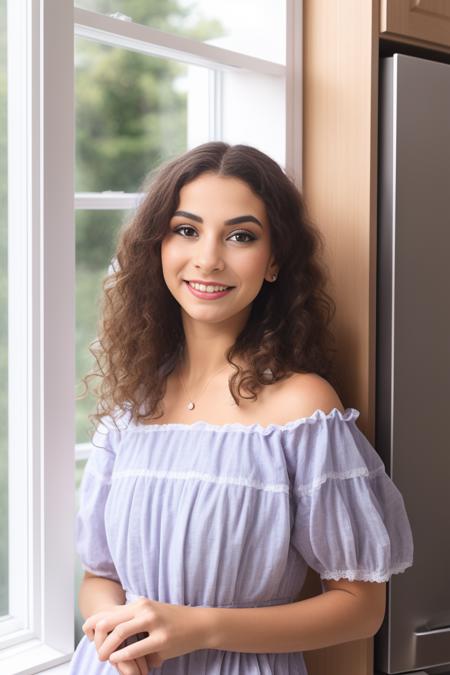 arms at sides, woman upper body closeup portrait, in kitchen, window,  <lora:Wylette:0.8> wearing dress looking at viewer, beautiful woman face,