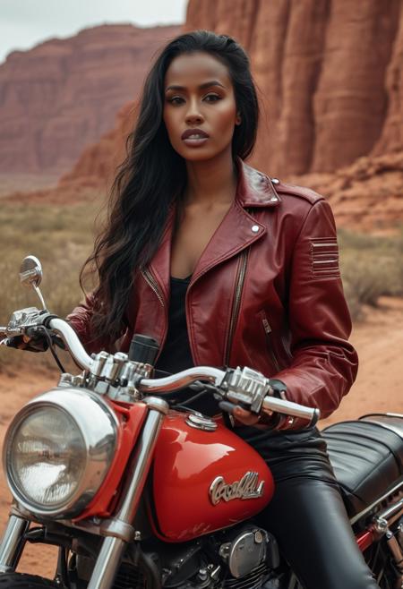 A hyperrealistic photo of a somali woman in a vibrant red leather motorcycle outfit, leaning against a red motorcycle.  The  jacket is open showing cleavage all the way to hips, no top under jacket, The woman, with wild black hair, has a confident, poised posture and a direct gaze, subtly evoking a sense of freedom and independence.  The setting is a vast, sun-drenched desert landscape; warm, sandy browns and rusty orange-reds are dominant colors, with towering red rock formations in the background.  The lighting is dramatic, highlighting the textures of the woman's clothing, the motorcycle's chrome parts, and the rocky cliffs.  The scene has a sense of depth and detail, mimicking the impression of oil painting but with exacting photographic accuracy.  The motorcycle details include polished chrome accents, with a view of the engine visible. The overall aesthetic is that of a vintage motorcycle-themed illustration.