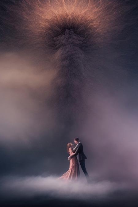 surreal, waltz of fractal smoke over the abyss, fantasy smoke, dresses and stars, dynamics, movement, wind, colorful, intricate details, perspective, hyper-detailed, hyper-realism, professional photoshoot