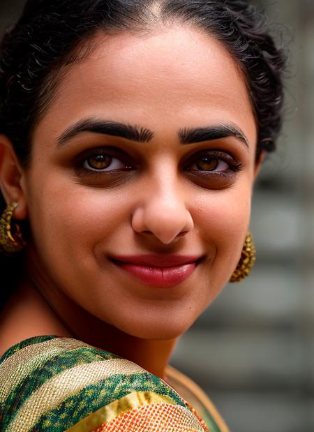 closeup portrait of skswoman, happy, background bathroom epic (photo, studio lighting, hard light, sony a7, 50 mm, matte skin, pores, colors, hyperdetailed, hyperrealistic), <lyco:Nithya Menon:1.1>