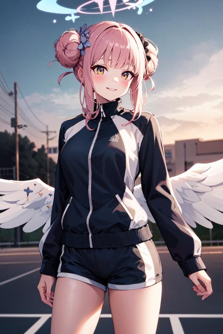 aamika, halo, long hair, hair flower, angel wings, white wings, low wings, crescent, capelet, blue bow, frills, white dress, wrist scrunchie, white pantyhose bbmika, halo, double bun, hair flower, sidelocks, angel wings, white wings, low wings, crescent, track jacket, black jacket, long sleeves, short shorts ccmika, halo, long hair, ponytail, sidelocks, angel wings, white wings, low wings, bare shoulders, cleavage, black one-piece swimsuit