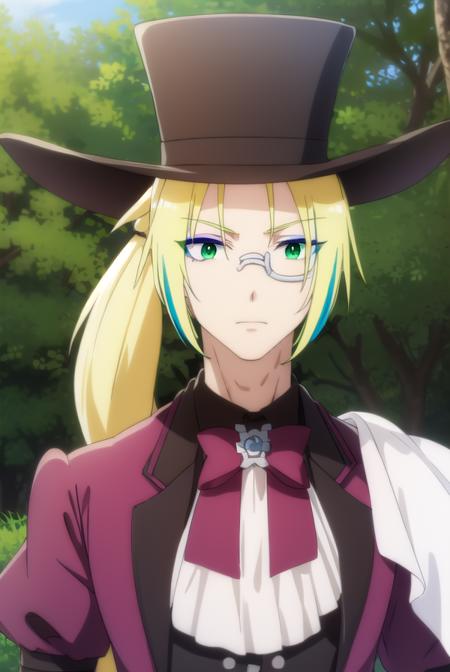 fruitofevolutionvitor, <lora:fruitofevolution vitor s2-lora-nochekaiser:1>,
vitor, long hair, blonde hair, (green eyes:1.3), ponytail, male focus, multicolored hair, glasses, makeup,
BREAK hat, pants, ascot, top hat, monocle,
BREAK outdoors, nature, forest, grass, 
BREAK looking at viewer,
BREAK <lyco:GoodHands-beta2:1>, (masterpiece:1.2), best quality, high resolution, unity 8k wallpaper, (illustration:0.8), (beautiful detailed eyes:1.6), extremely detailed face, perfect lighting, extremely detailed CG, (perfect hands, perfect anatomy),