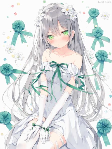 <lora:ruru.XL:1> 1girl, solo, bandaid, long hair, gift, gloves, ribbon, looking at viewer, bound, blush, bandaid on face, upper body, white gloves, green eyes, bandages, flower, closed mouth, bare shoulders, box, bound wrists, two side up, bangs, dress, gift box, white flower, blue ribbon, bandaid on arm, pom pom (clothes), very long hair, grey hair, off shoulder, hands up