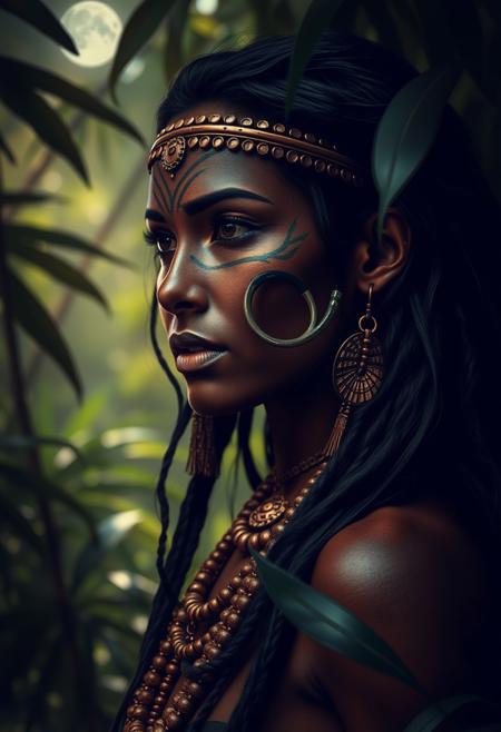 tribal huntress :: intricate face paint, copper jewelry, ebony hair :: moonlit jungle, dappled shadows