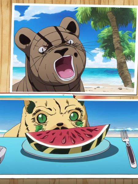 A seal sitting at the beach, eating a watermelon (with fork and knife) jojoso style <lora:SDXL-jojoso_style-Lora:1>, Very detailed, clean, high quality, sharp image