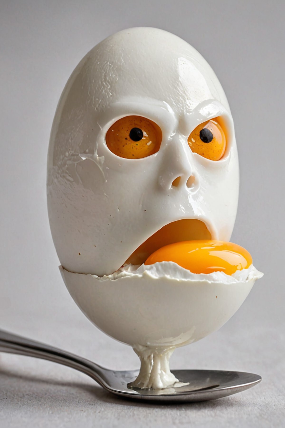 Boiled egg with shell,egg white,egg yolk and spoon sticking in egg looks like a human head,morph,photo realistic