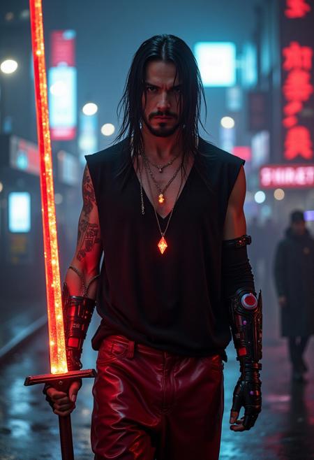 halfprofile frontal portrait from above,cyberpunk megastructure future scifi film, full hd raw detailed nighttime night photograph, cinematic atmosphere with hazey neonlit background, german polish thin tall 190cm man in his thirties, pale fair skin, goatee, long thin nose, long black emo haircut where hair covers his forehead, multiple golden ear piercings in upper ear, while walking towards viewer, dark red leather pants, long silver necklace with orange glowing crystal pendant, oversized loose black v-neck muscleshirt tanktop, black cybernetc arms with colorful analogue robot implants, he is holding a large glowing red zweihander claymore sword that emits strong magic energy, aggressive attack pose, ready for battle