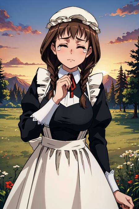 masterpiece, best quality,  <lora:maidane-nvwls-v1-000009:0.8> maidane, twin braids, hat, maid uniform, black dress, long sleeves, apron, large breasts, sunset, closed eyes, tears in eyes, dynamic pose, furrowed brow, dusk, field, trees