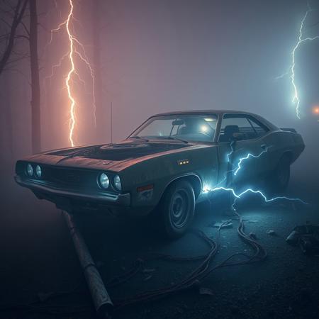 Foggy night. A rusty muscle car with holes through it from corrosion. Muscle car drives through a foggy rough forest terrain. Electric sparks and lightning come from the trees to car. The car body is pierced with many cables and tubes that lead inside the car. There are computers and scientific machines inside the car. Bright lightning is reflected on the car body. Very foggy terrain. Noise in the photo.